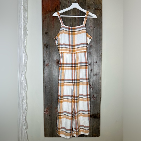 American Eagle Plaid Cotton Linen Cropped Wide Leg Jumpsuit size 6 - Picture 2 of 14